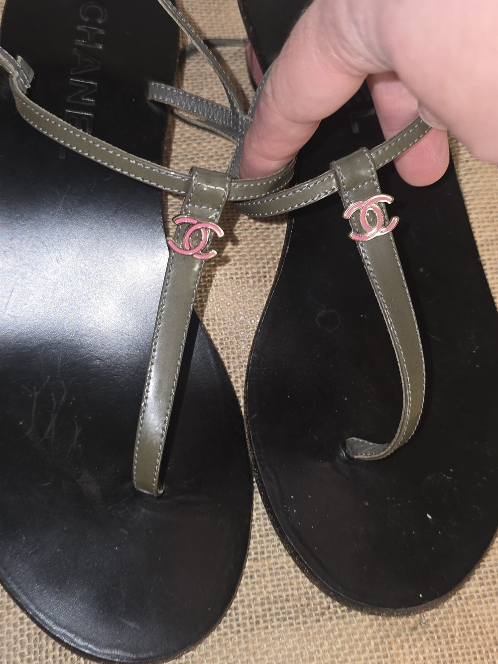 Chanel Olive Green Leather T-Strap Sandals with Pink CC Accent